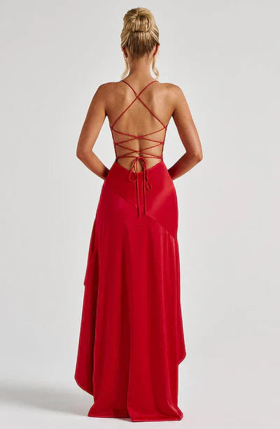 Red Satin Maxi Dress with Ruffle Hem and Open Back