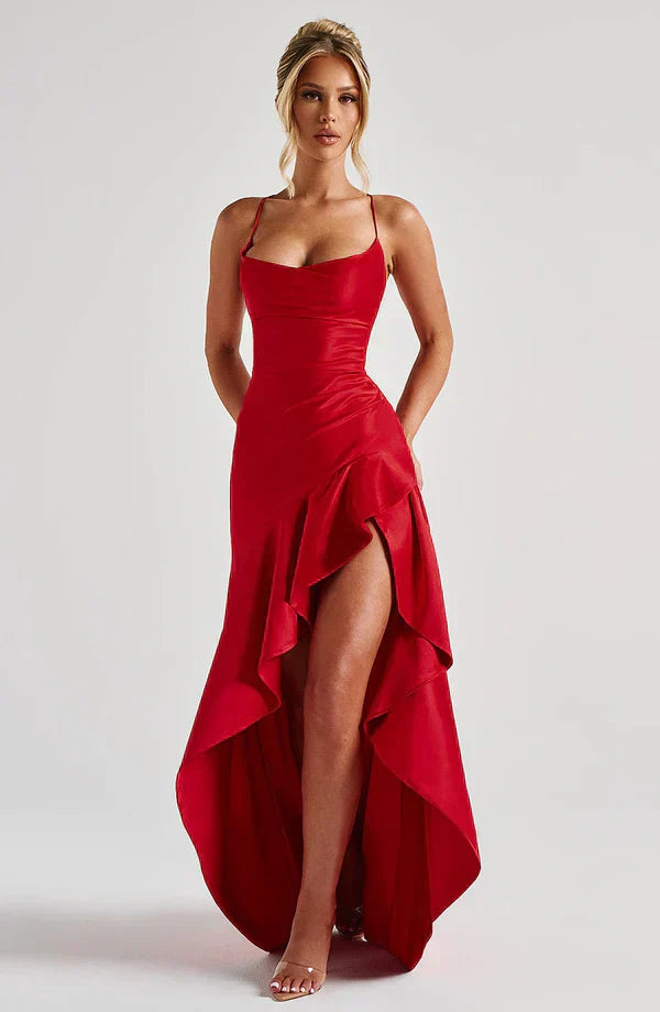Red Satin Maxi Dress with Ruffle Hem and Open Back