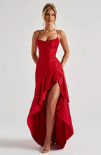 Red Satin Maxi Dress with Ruffle Hem and Open Back