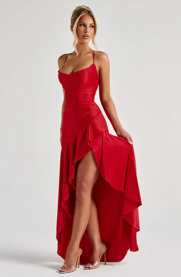 Red Satin Maxi Dress with Ruffle Hem and Open Back
