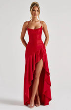 Red Satin Maxi Dress with Ruffle Hem and Open Back