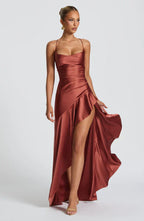 Brown Satin Maxi Dress with Ruffle Hem and Open Back