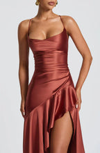 Brown Satin Maxi Dress with Ruffle Hem and Open Back