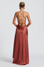 Brown Satin Maxi Dress with Ruffle Hem and Open Back