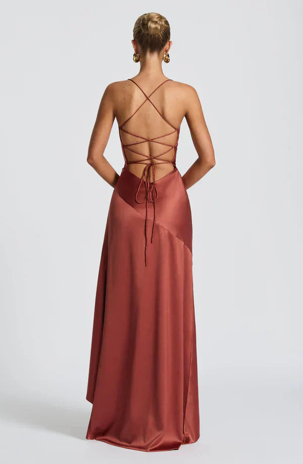 Brown Satin Maxi Dress with Ruffle Hem and Open Back