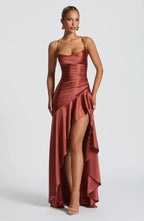 Brown Satin Maxi Dress with Ruffle Hem and Open Back