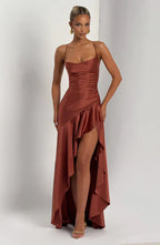 Brown Satin Maxi Dress with Ruffle Hem and Open Back