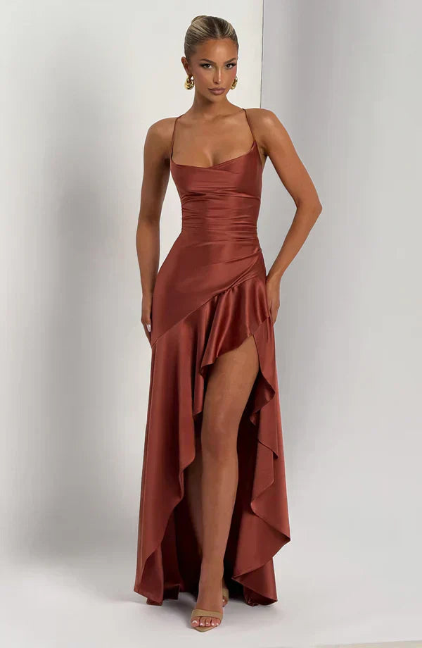 Brown Satin Maxi Dress with Ruffle Hem and Open Back