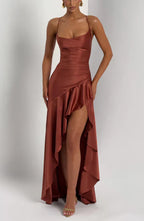 Brown Satin Maxi Dress with Ruffle Hem and Open Back