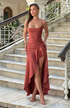 Brown Satin Maxi Dress with Ruffle Hem and Open Back