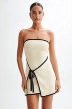 Beige Strapless Mini Dress with Wrap Detail and Contrast Trim
