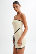 Beige Strapless Mini Dress with Wrap Detail and Contrast Trim