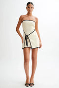 Beige Strapless Mini Dress with Wrap Detail and Contrast Trim