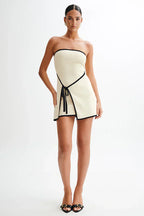 Beige Strapless Mini Dress with Wrap Detail and Contrast Trim