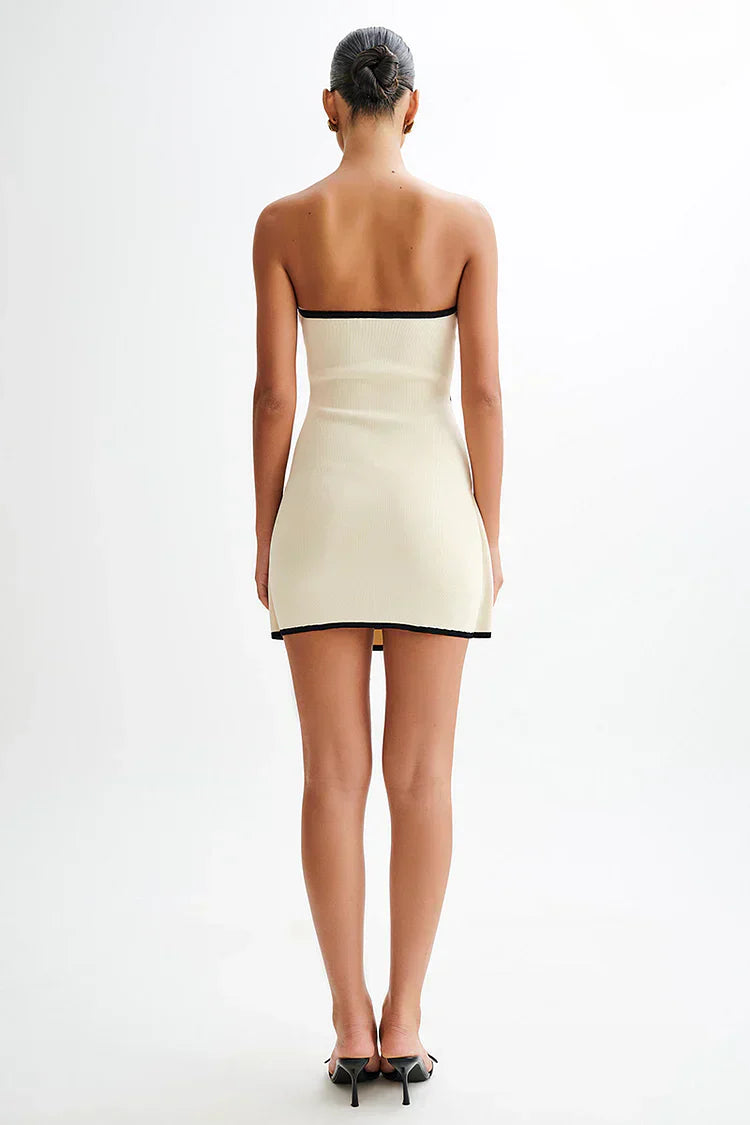 Beige Strapless Mini Dress with Wrap Detail and Contrast Trim