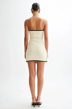 Beige Strapless Mini Dress with Wrap Detail and Contrast Trim