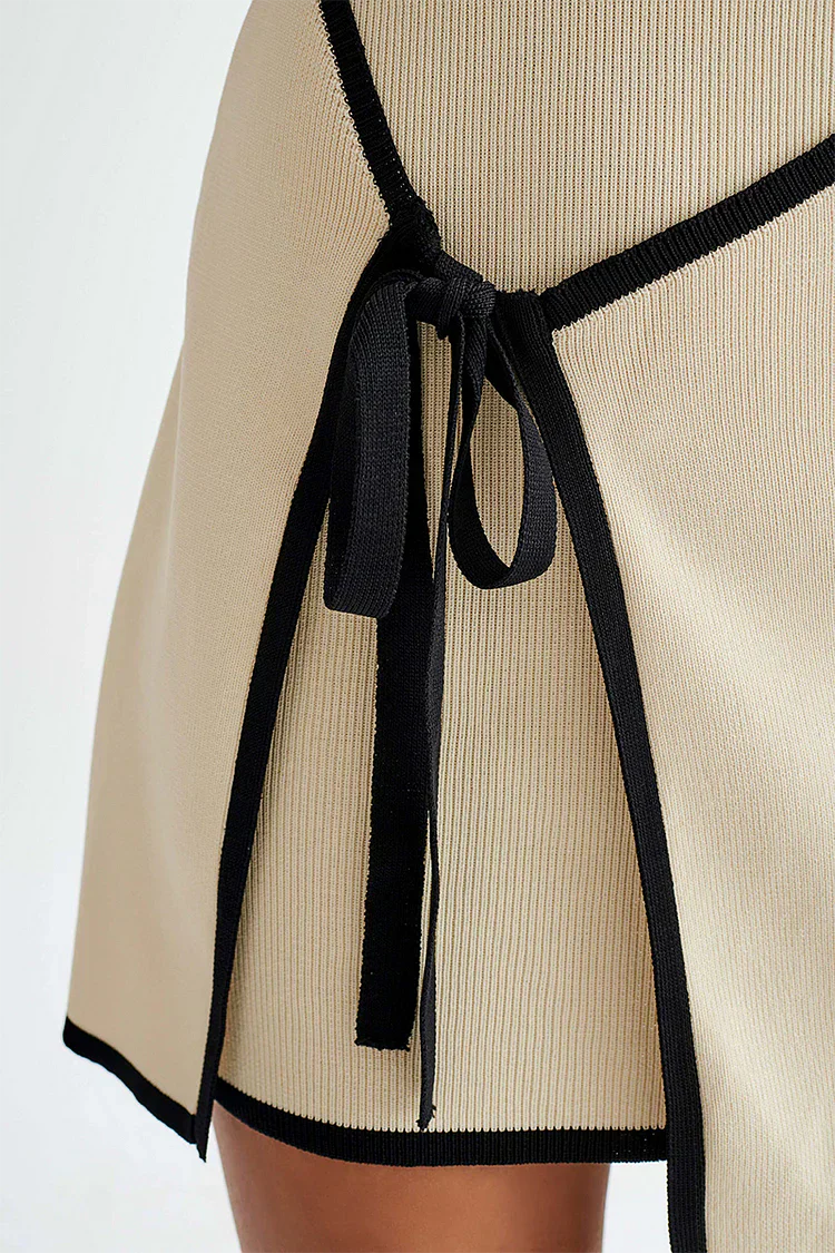 Beige Strapless Mini Dress with Wrap Detail and Contrast Trim