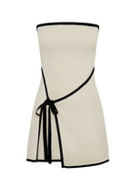 Beige Strapless Mini Dress with Wrap Detail and Contrast Trim