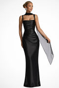 Women's Satin Maxi Dress with Square Neck and Ruched Detail
