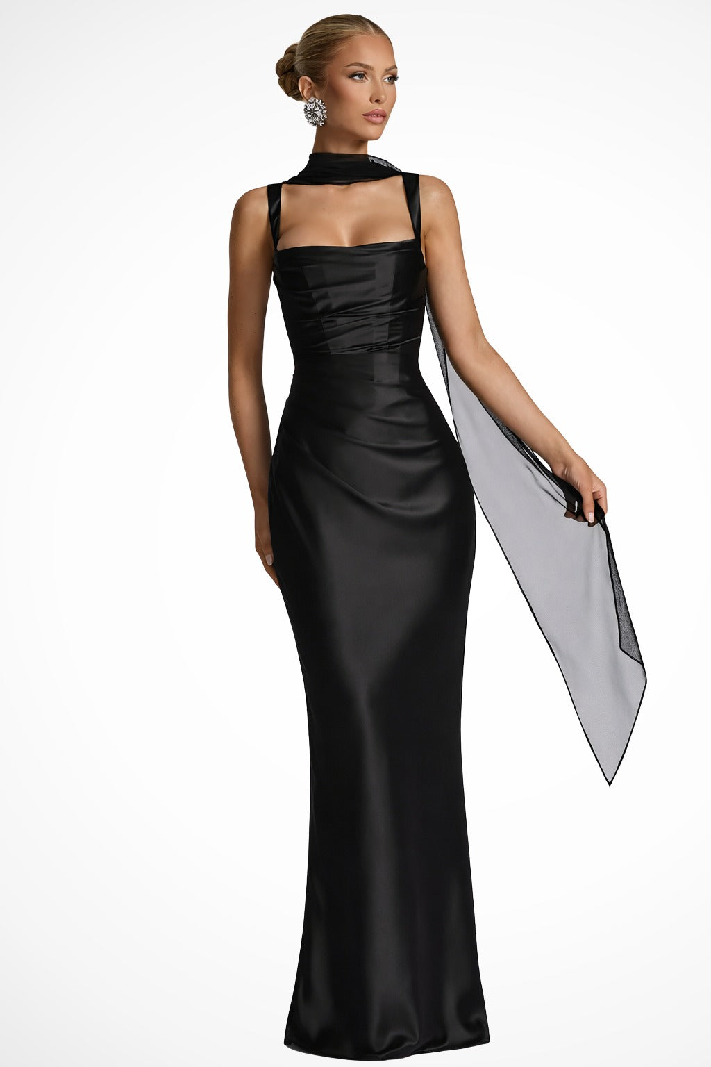 Women's Satin Maxi Dress with Square Neck and Ruched Detail