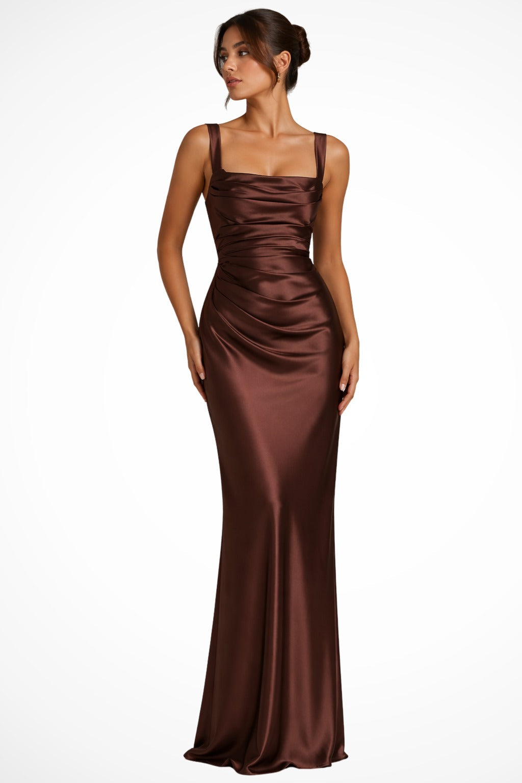 Women's Satin Maxi Dress with Square Neck and Ruched Detail