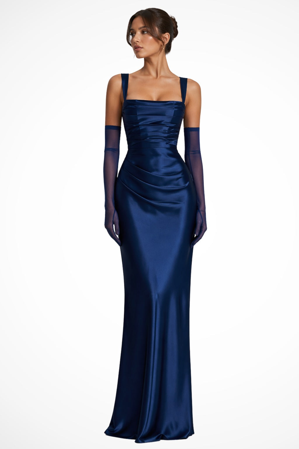 Women's Satin Maxi Dress with Square Neck and Ruched Detail
