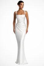 Women's Satin Maxi Dress with Square Neck and Ruched Detail