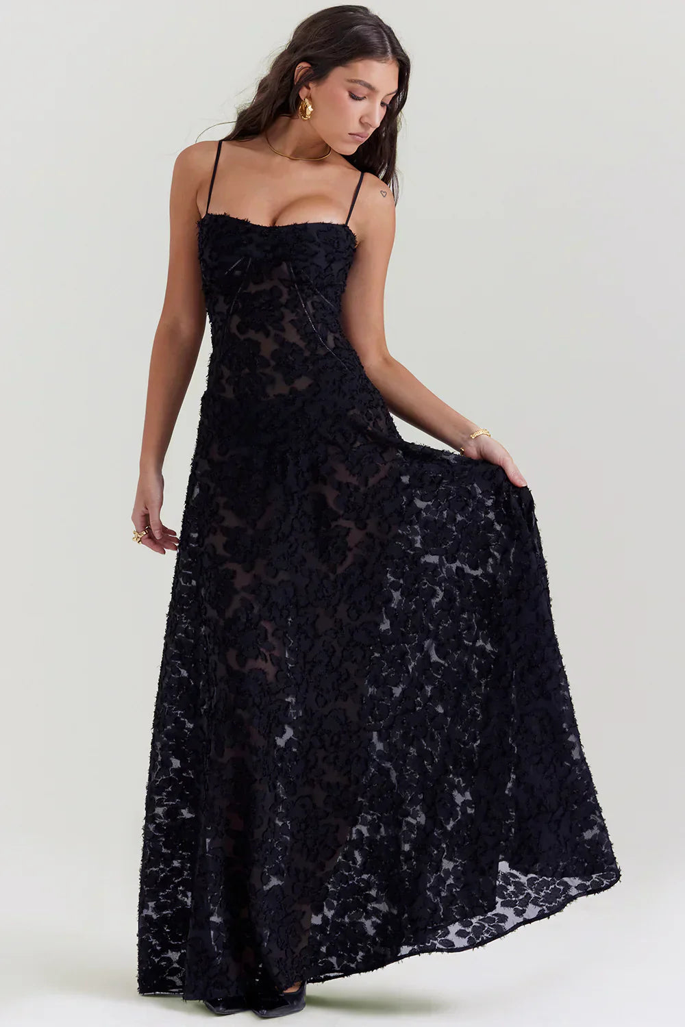 Black Floral Lame Maxi Dress with Lace-Up Back