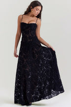 Black Floral Lame Maxi Dress with Lace-Up Back