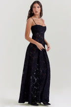 Black Floral Lame Maxi Dress with Lace-Up Back