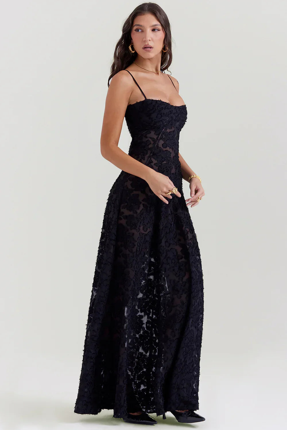 Black Floral Lame Maxi Dress with Lace-Up Back