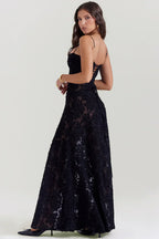 Black Floral Lame Maxi Dress with Lace-Up Back