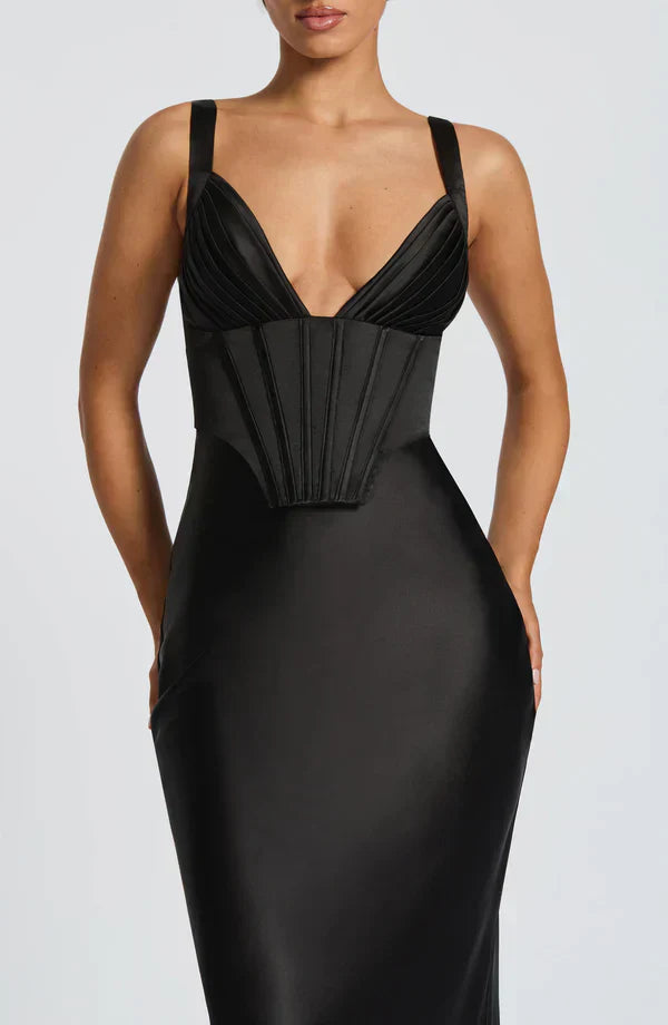 Black Maxi Dress – Plunge Neck – Corset Detail – Satin Finish – Women’s Evening Style