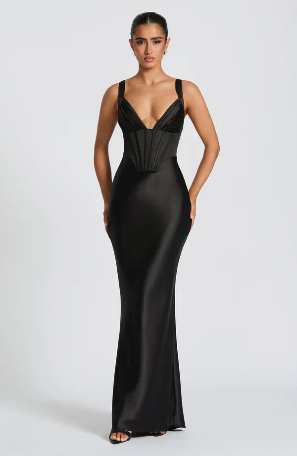 Black Maxi Dress – Plunge Neck – Corset Detail – Satin Finish – Women’s Evening Style