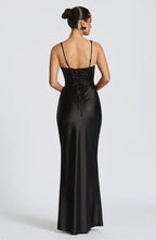 Black Maxi Dress – Plunge Neck – Corset Detail – Satin Finish – Women’s Evening Style