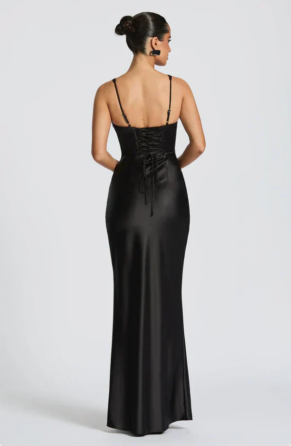Black Maxi Dress – Plunge Neck – Corset Detail – Satin Finish – Women’s Evening Style