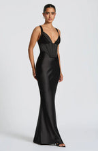 Black Maxi Dress – Plunge Neck – Corset Detail – Satin Finish – Women’s Evening Style