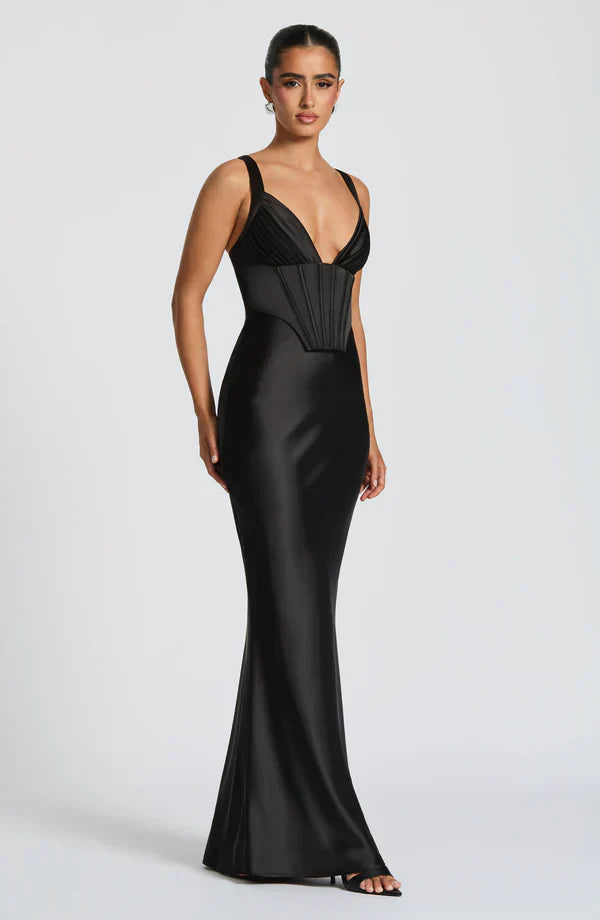 Black Maxi Dress – Plunge Neck – Corset Detail – Satin Finish – Women’s Evening Style