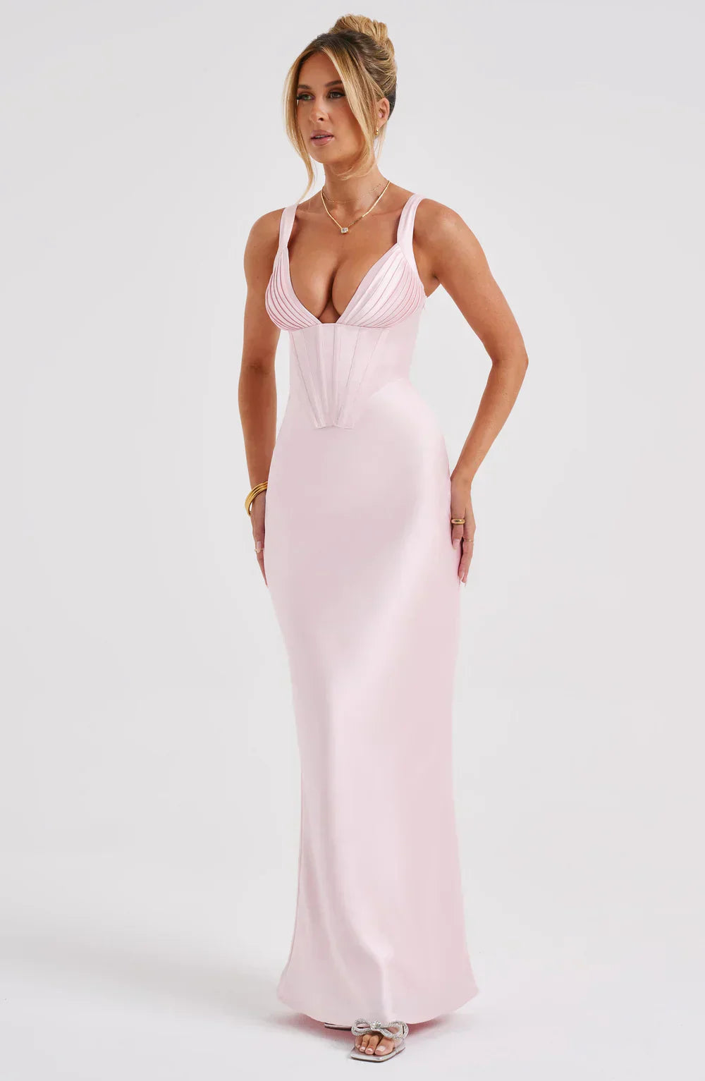 Pink Satin Maxi Dress with Halter Neck
