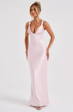 Pink Satin Maxi Dress with Halter Neck