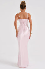 Pink Satin Maxi Dress with Halter Neck