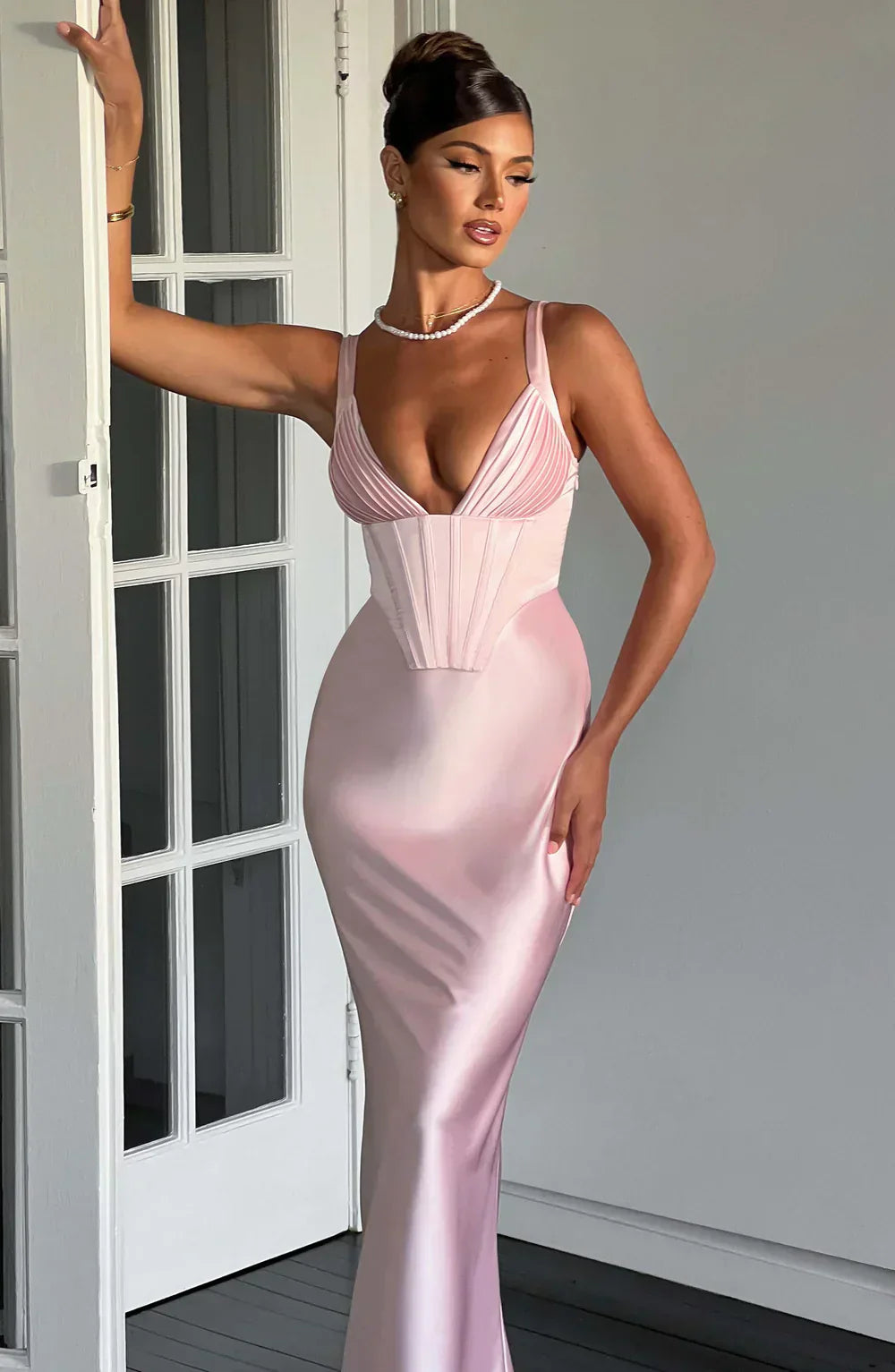 Pink Satin Maxi Dress with Halter Neck
