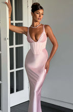 Pink Satin Maxi Dress with Halter Neck