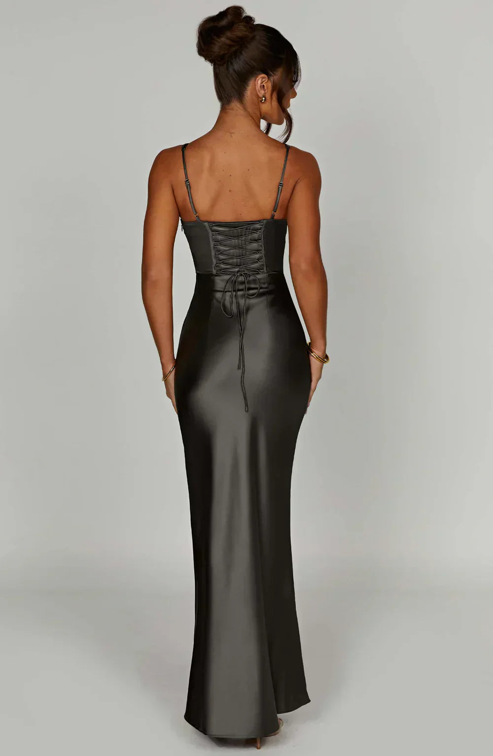 Gray Satin Maxi Dress with Halter Neck