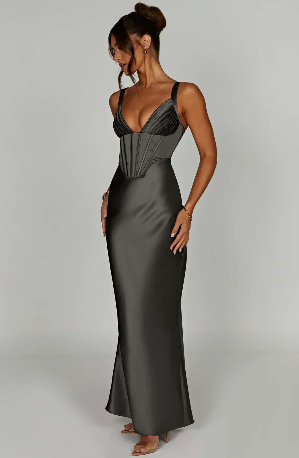 Gray Satin Maxi Dress with Halter Neck