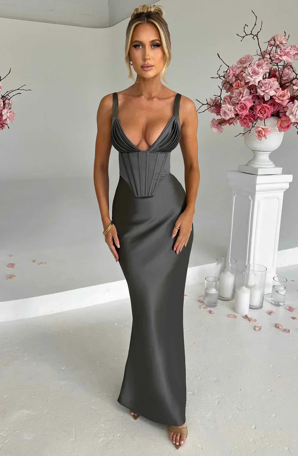 Gray Satin Maxi Dress with Halter Neck