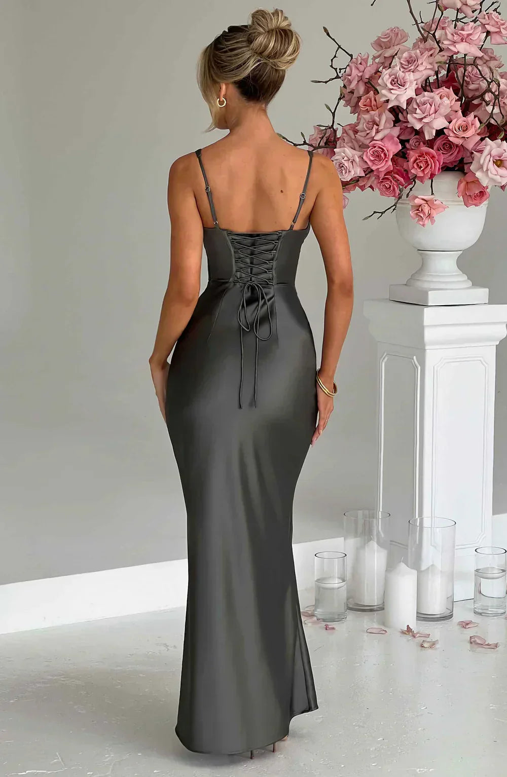 Gray Satin Maxi Dress with Halter Neck