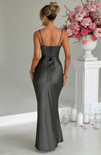 Gray Satin Maxi Dress with Halter Neck