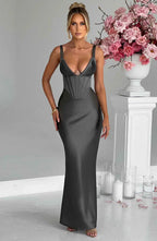 Gray Satin Maxi Dress with Halter Neck
