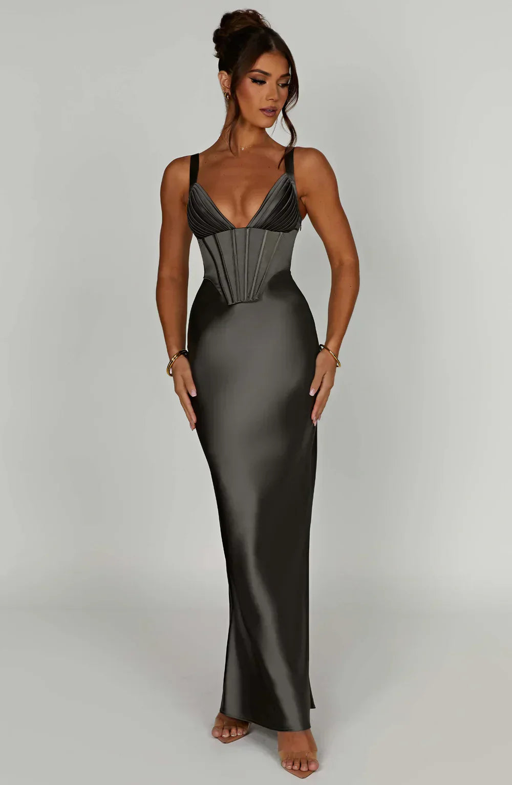 Gray Satin Maxi Dress with Halter Neck